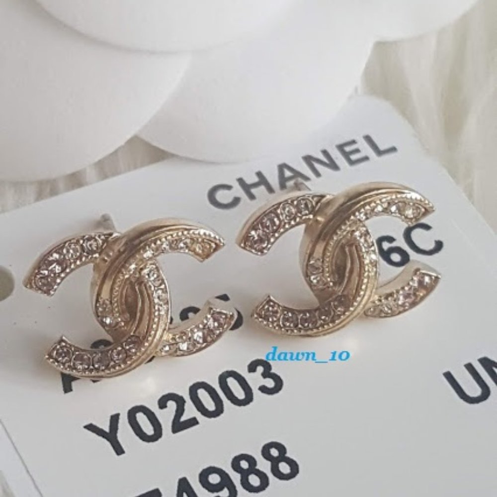Chanel Mini Crystal CC Earrings, Gold
